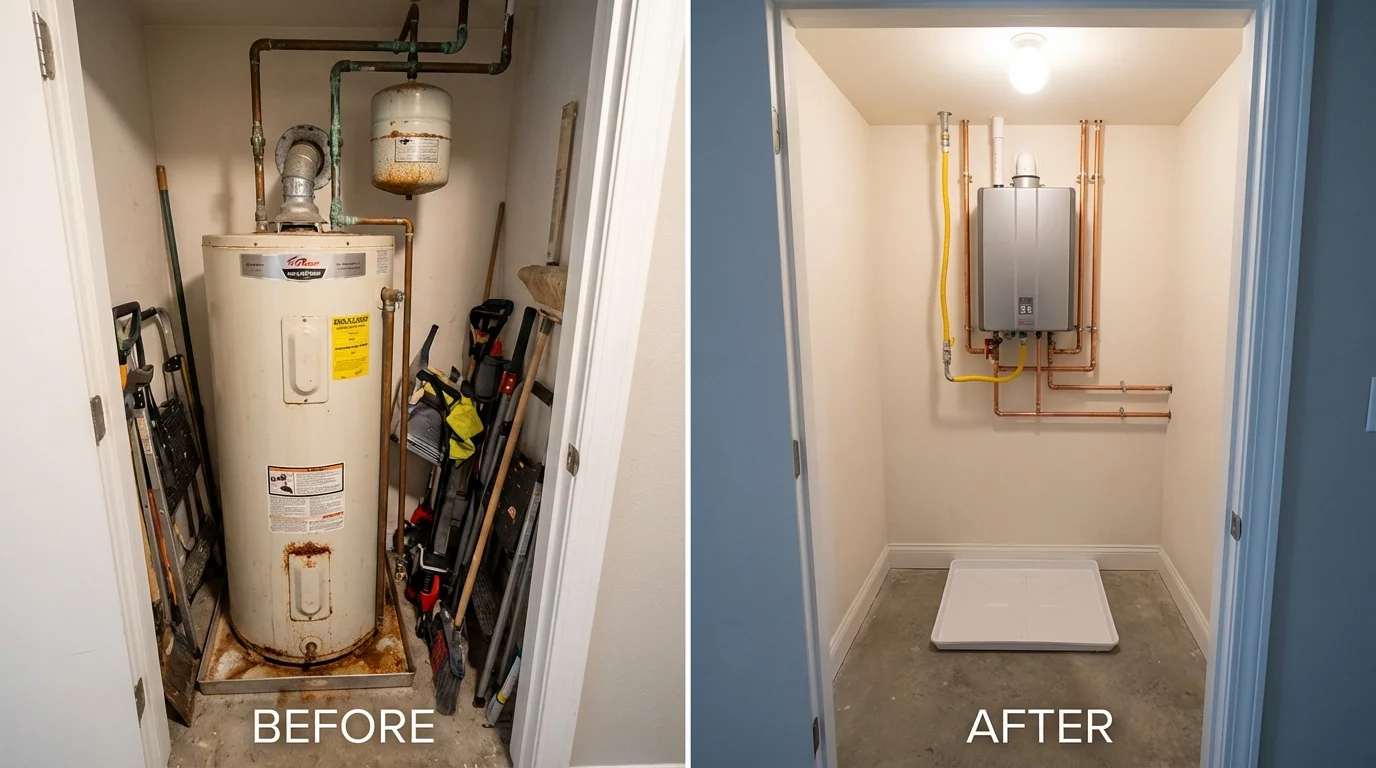 Tank water heater versus wall-mounted tankless unit comparison for Clinton, NC homeowners
